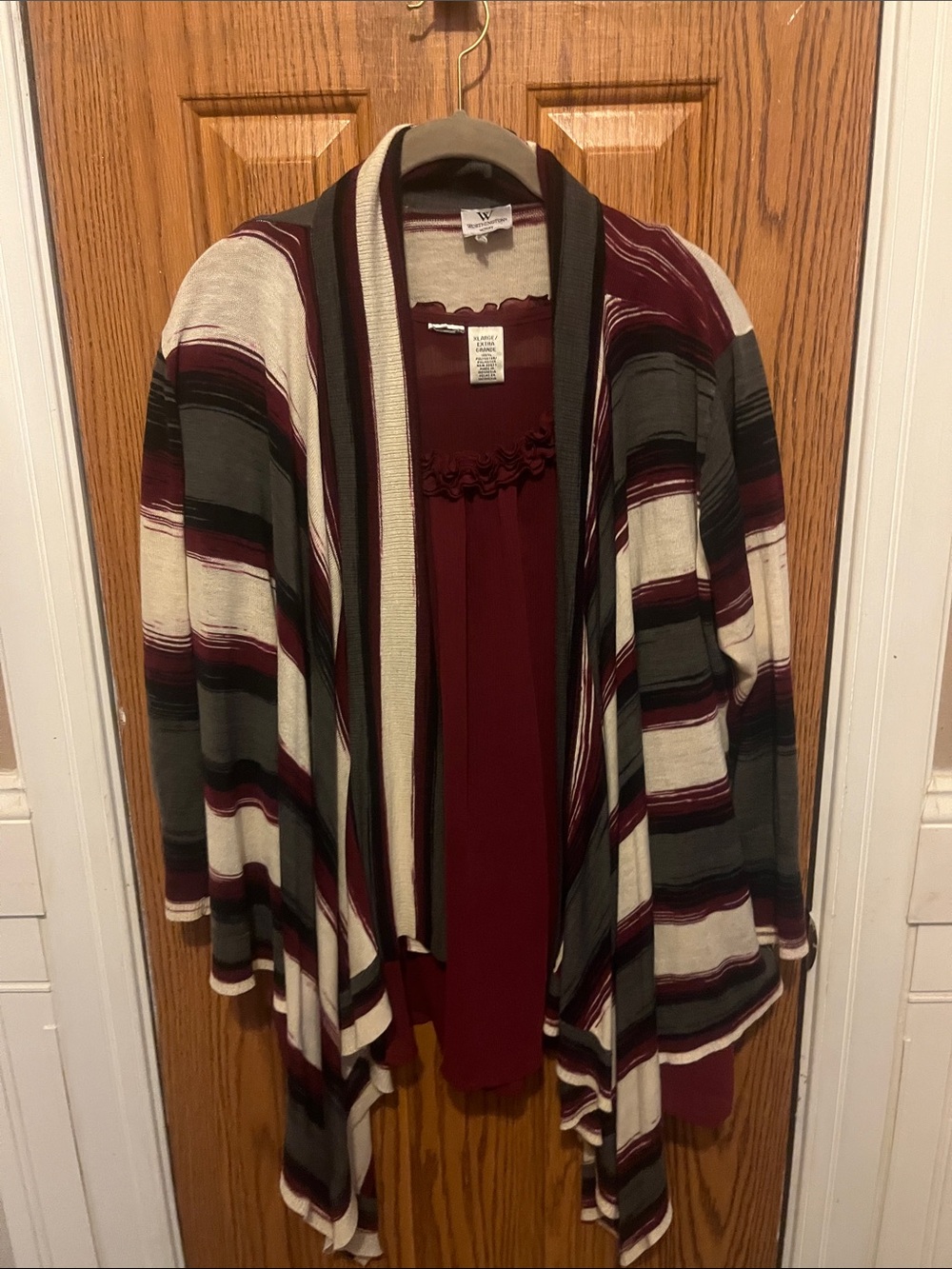 Striped Open-Front Draped Cardigan Sweater - Burgundy/Gray